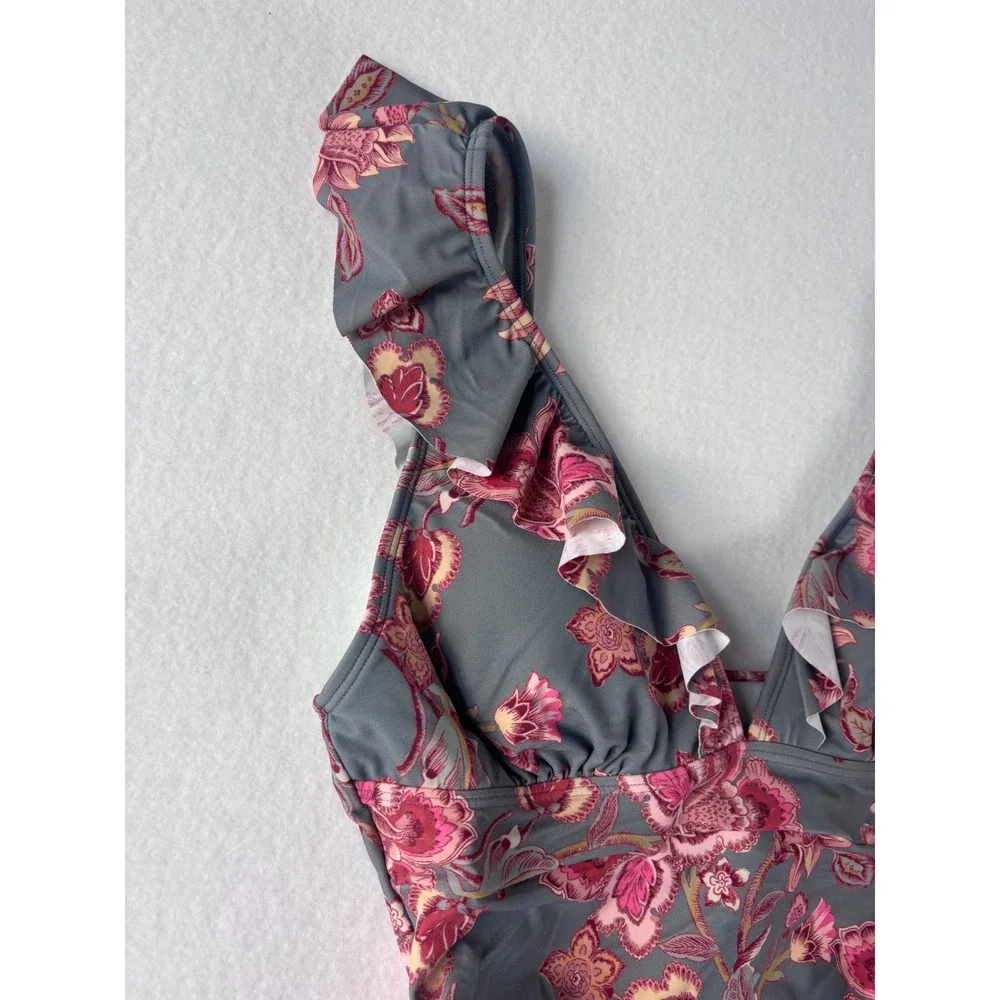 Floral‎ Ruffle V-Neck One Piece Swimsuit Gray Pink Lace Up Back Size Medium NWOT